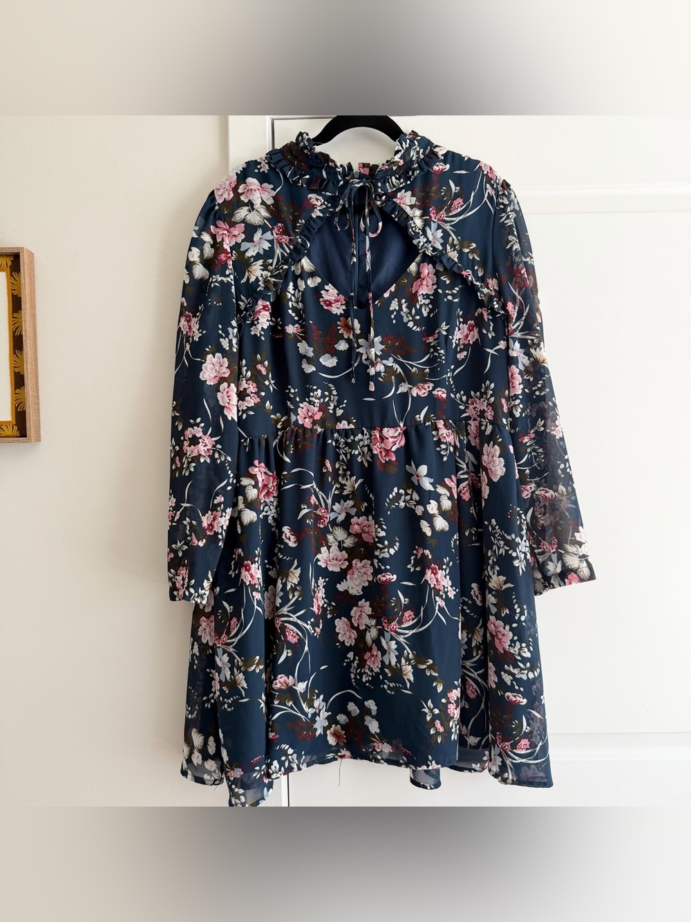 Boohoo Navy Floral Ruffle Tie-Neck Mini Dress